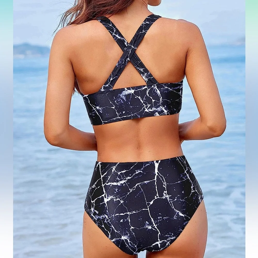 NWT Holipick High Waisted Two Piece Bikini in Marble Small